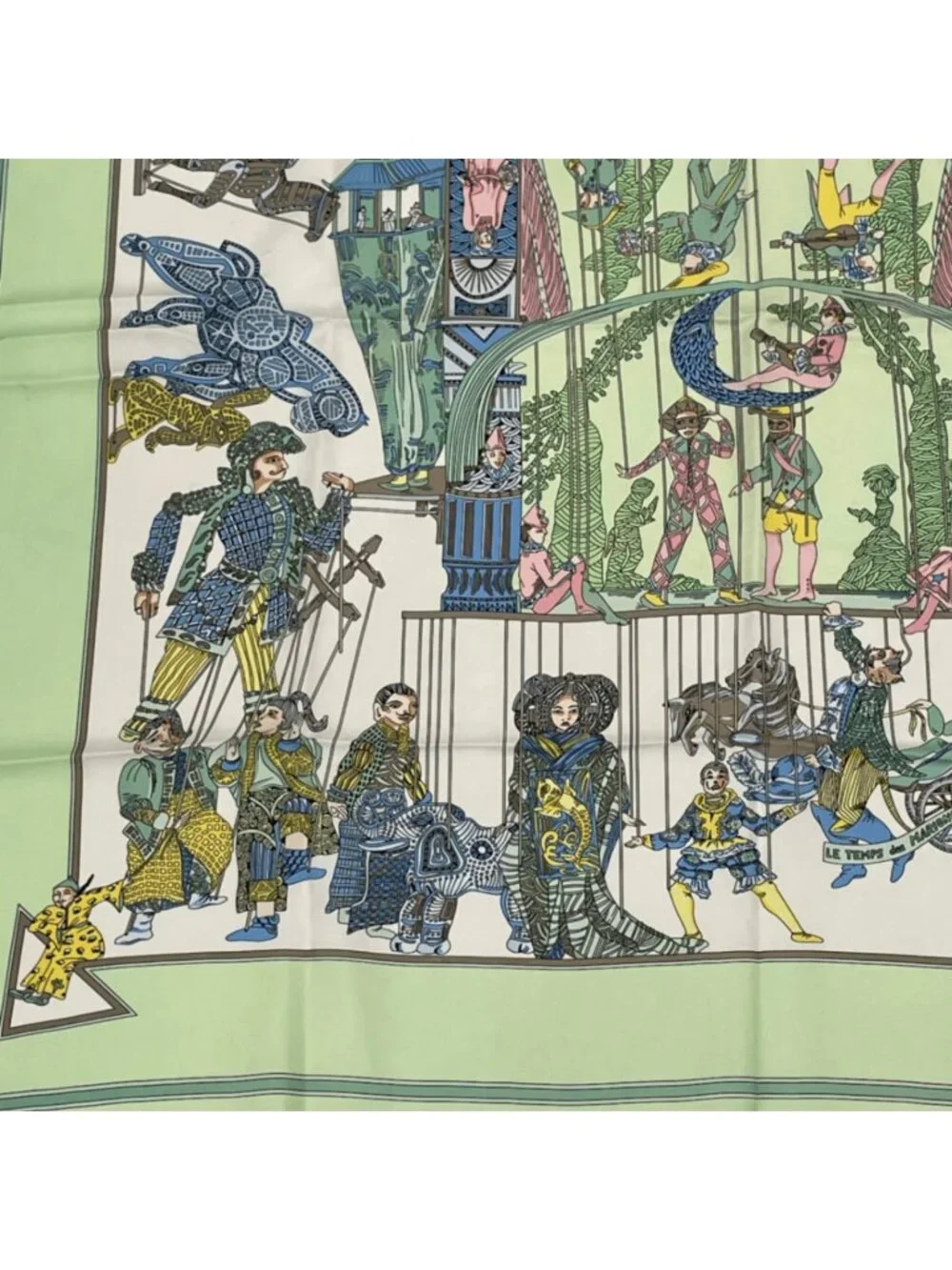 Hermes Carre 90 le Temps Des Marionnettes Marionette Time Silk Scarf Green - Picture 4 of 7